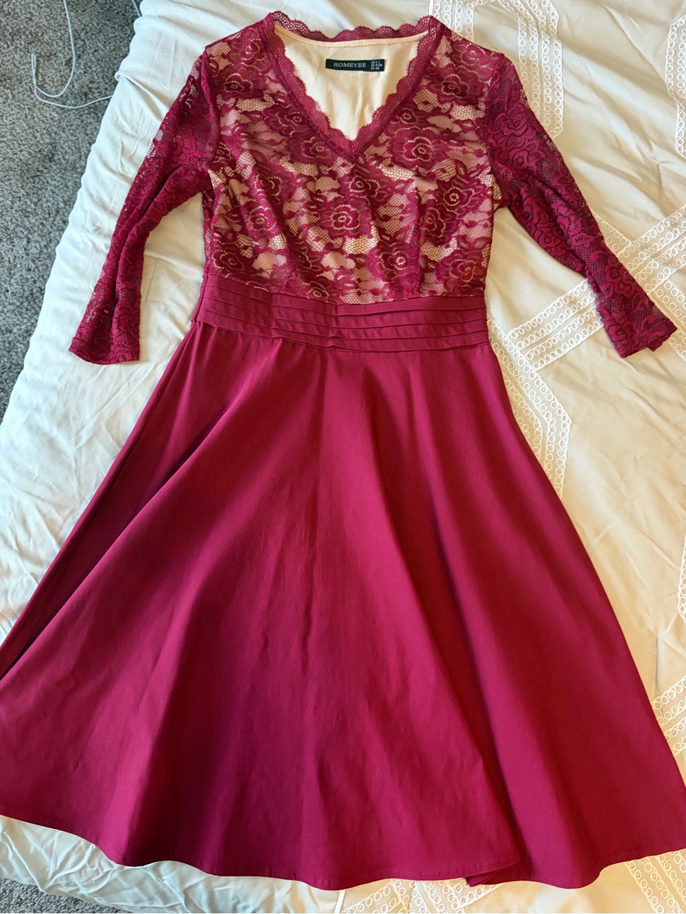Romantic Burgundy Lace Midi Dress with Pleated Waist